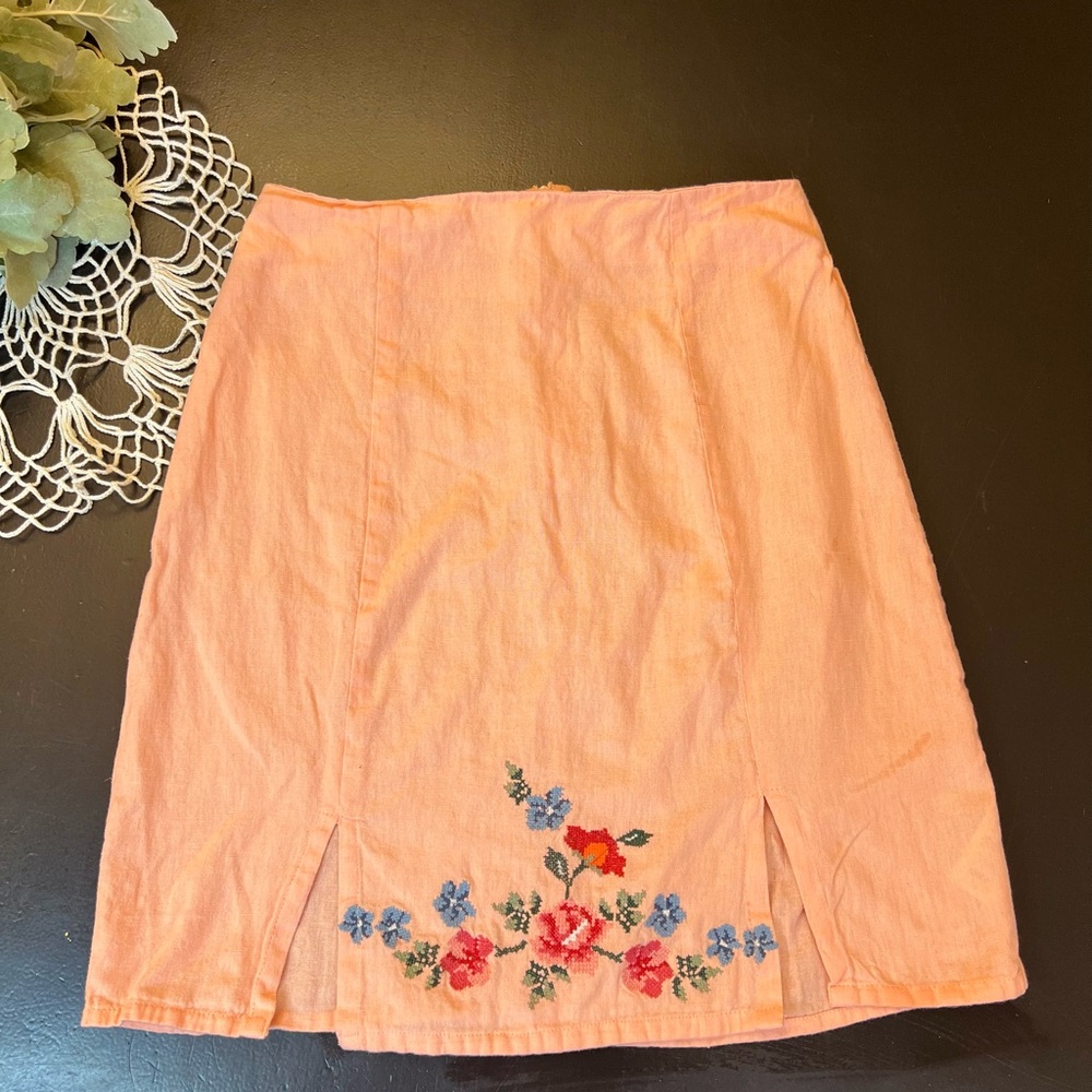 Asos Design Orange Peach Floral Crosstitch Embroider Mini Skirt Sz 2 Cottagecore